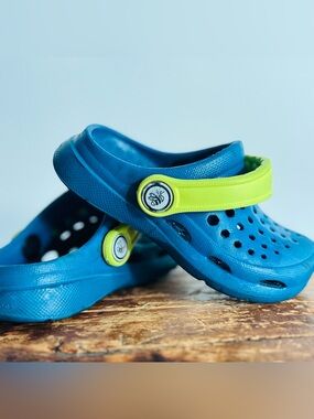 Kids Blue Clog Sandals with Neon Green Strap - Lightweight Play Shoes